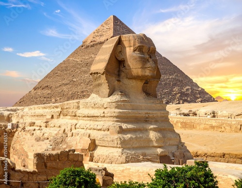 Ancient Stone Sphinx and Pyramids at Sunset in the Egyptian Desert. photo