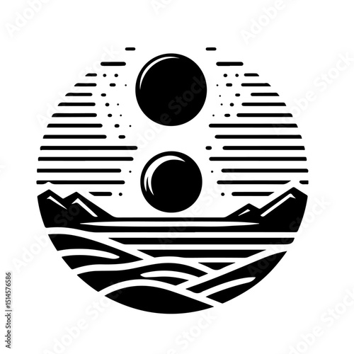 Abstract Celestial Landscape Icon - Twin Suns & Mountains Vector