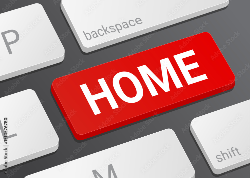 Fototapeta premium Red Home Button on Computer Keyboard with White Text for Internet Navigation and Website Interface Design Illustration
