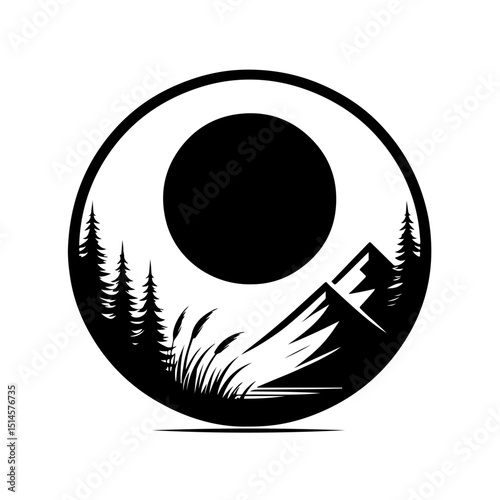 Forest Mountain Circle Icon - Nature Landscape Vector Silhouette