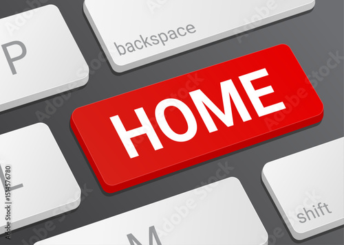 Red Home Button on Computer Keyboard with White Text for Internet Navigation and Website Interface Design Illustration