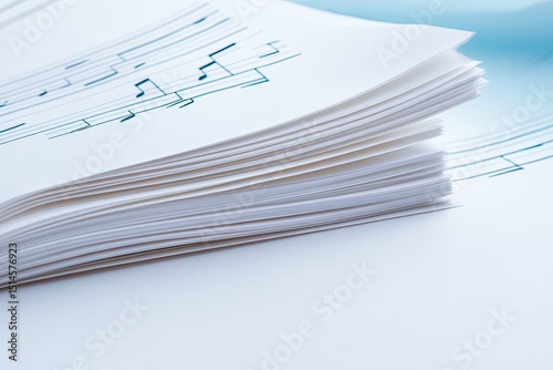 Sheets of paper with musical notes as background, close-up