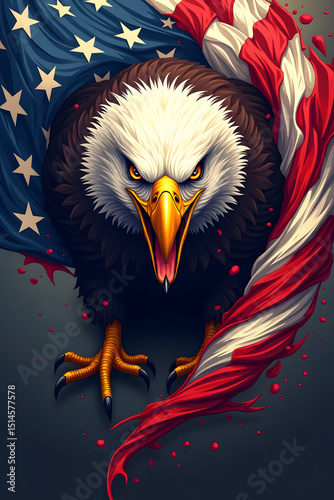 American Bald Eagle: A powerful bald eagle with intense gaze, set against the backdrop of an American flag. The image symbolizes freedom, strength, and national pride.