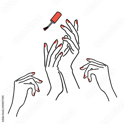 The lady does a manicure, paints her nails with varnish. Silhouette of female hands in a modern one line style. Solid line, aesthetic outline for decor, posters, stickers, logo. Vector illustration.