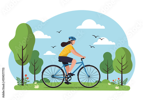Flat vector illustration of a woman cycling through a vibrant summer park with trees, sun, and birds. Ideal for healthy lifestyle, outdoor sports, and nature themes