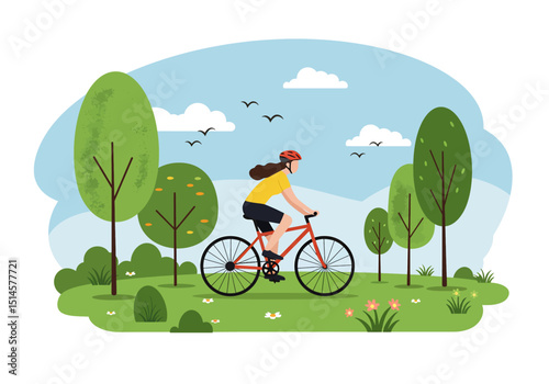 Flat vector illustration of a woman cycling through a vibrant summer park with trees, sun, and birds. Ideal for healthy lifestyle, outdoor sports, and nature themes