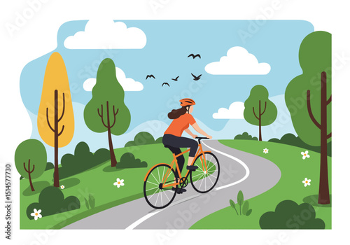 Flat vector illustration of a woman cycling through a vibrant summer park with trees, sun, and birds. Ideal for healthy lifestyle, outdoor sports, and nature themes