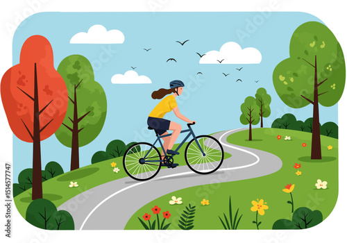 Flat vector illustration of a woman cycling through a vibrant summer park with trees, sun, and birds. Ideal for healthy lifestyle, outdoor sports, and nature themes