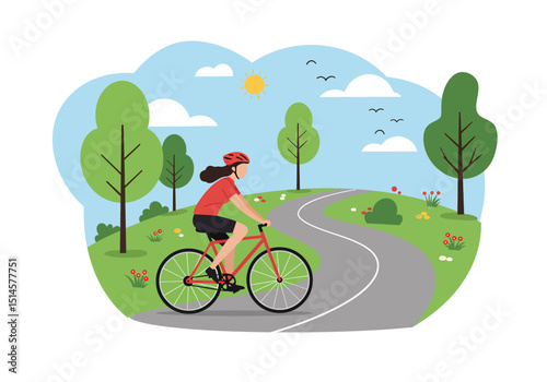 Flat vector illustration of a woman cycling through a vibrant summer park with trees, sun, and birds. Ideal for healthy lifestyle, outdoor sports, and nature themes