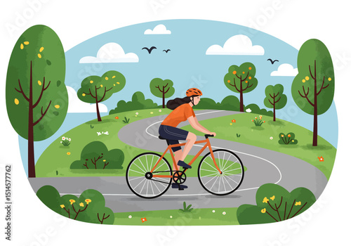Flat vector illustration of a woman cycling through a vibrant summer park with trees, sun, and birds. Ideal for healthy lifestyle, outdoor sports, and nature themes