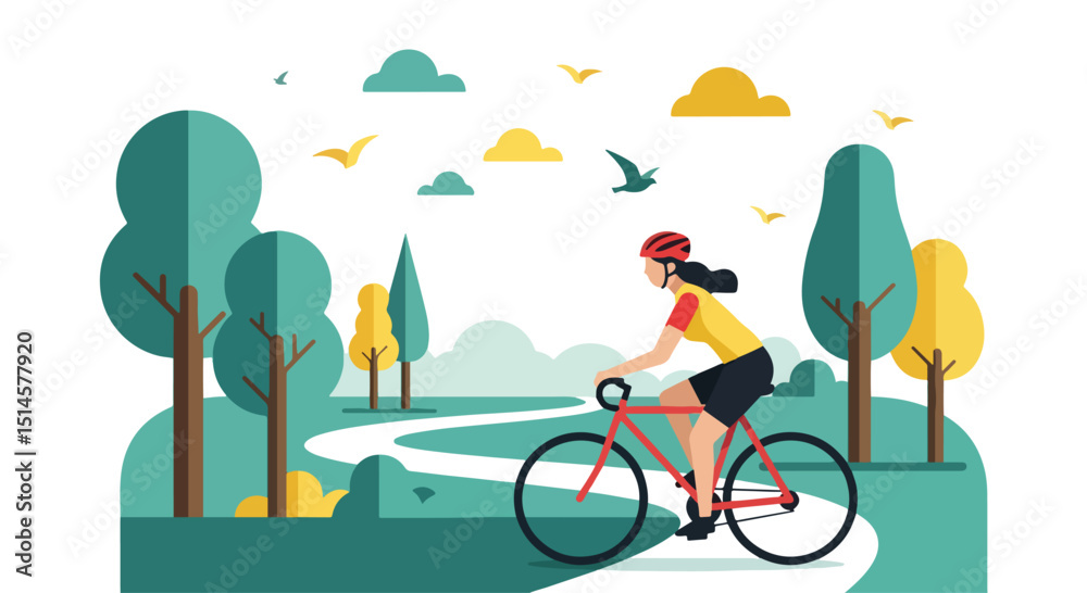 Fototapeta premium Flat vector illustration of a woman cycling through a vibrant summer park with trees, sun, and birds. Ideal for healthy lifestyle, outdoor sports, and nature themes