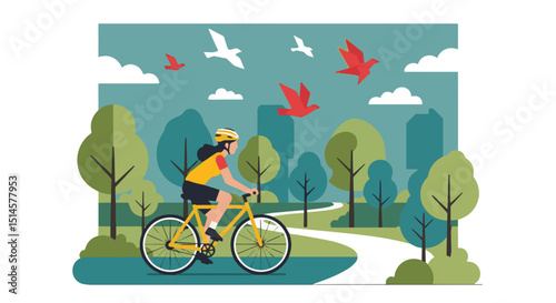 Flat vector illustration of a woman cycling through a vibrant summer park with trees, sun, and birds. Ideal for healthy lifestyle, outdoor sports, and nature themes