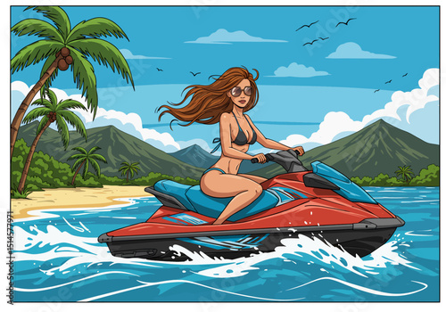 Dynamic flat vector illustration of a woman riding a jet ski on a vibrant tropical sea, surrounded by palm trees and mountains. Perfect for summer sports and healthy recreation