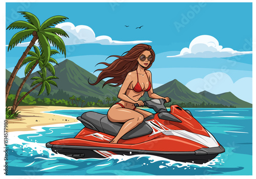 Dynamic flat vector illustration of a woman riding a jet ski on a vibrant tropical sea, surrounded by palm trees and mountains. Perfect for summer sports and healthy recreation