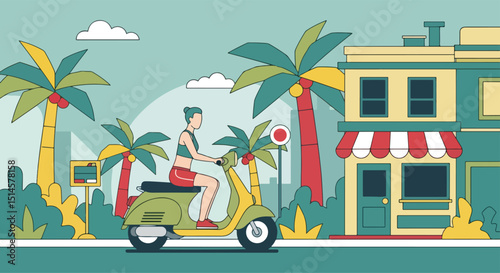 Sleek flat vector illustration of a woman in activewear riding a scooter through a modern city with skyscrapers. Perfect for urban mobility, healthy living, and summer commutes