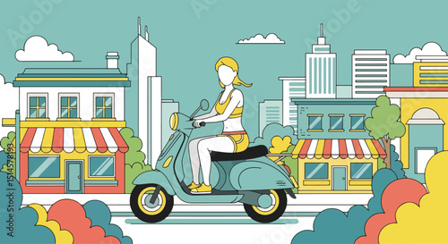 Sleek flat vector illustration of a woman in activewear riding a scooter through a modern city with skyscrapers. Perfect for urban mobility, healthy living, and summer commutes
