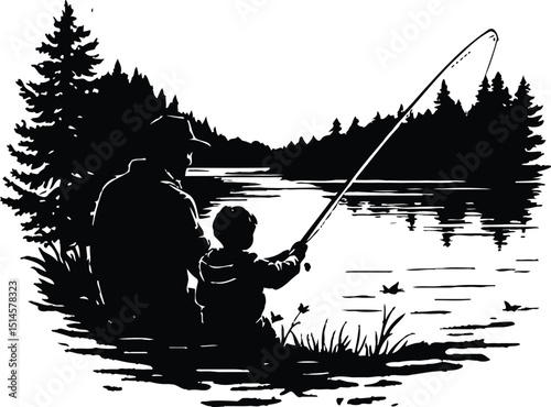 Black and white vector illustration of a father and child fishing by a calm lake, surrounded by trees and reflections, designed in a minimalistic style to symbolize bonding, outdoor recreation, and pe