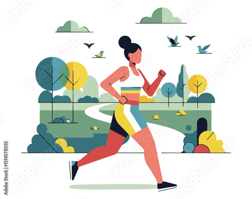 Dynamic flat vector illustration of a woman running in a summer park with trees and birds. Perfect for fitness, healthy lifestyle, outdoor exercise, and nature themes