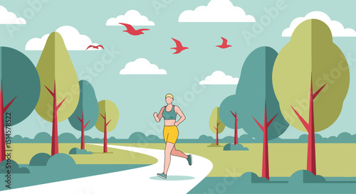 Dynamic flat vector illustration of a woman running in a summer park with trees and birds. Perfect for fitness, healthy lifestyle, outdoor exercise, and nature themes