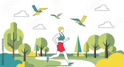 Dynamic flat vector illustration of a woman running in a summer park with trees and birds. Perfect for fitness, healthy lifestyle, outdoor exercise, and nature themes