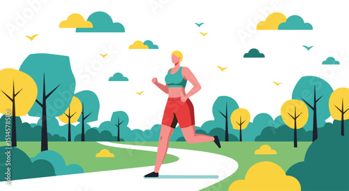 Dynamic flat vector illustration of a woman running in a summer park with trees and birds. Perfect for fitness, healthy lifestyle, outdoor exercise, and nature themes