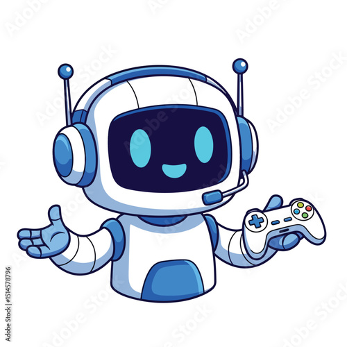 Adobe Illustrator Artwork Adorable gaming robot mascot with headphones and a gamepad, featuring a cute, friendly design. Perfect for esports, technology, or children's gaming content logo