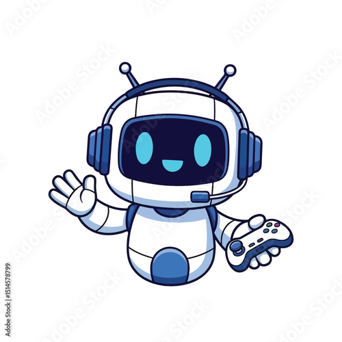 Adobe Illustrator Artwork Adorable gaming robot mascot with headphones and a gamepad, featuring a cute, friendly design. Perfect for esports, technology, or children's gaming content logo