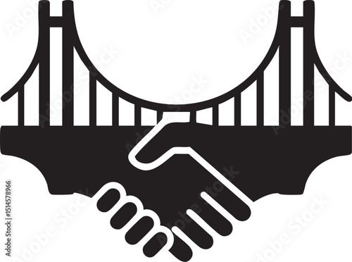A bold silhouette of a bridge morphing into a handshake, representing connection and trust between businesses