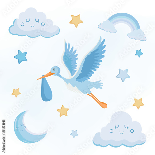 Cute blue greeting card Stork deliver baby Its a boy Baby announcement