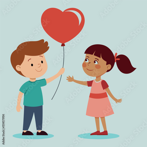 Vector illustration boy gives girl balloon, love, valentine's day, care, friendship