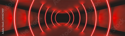 Red neon casino background. Red light neon tunnel. Led line laser stage 3d bg. Dark party room with black podium perspective. Geometric glow tech tunnel. Club gamer design with energy effect.