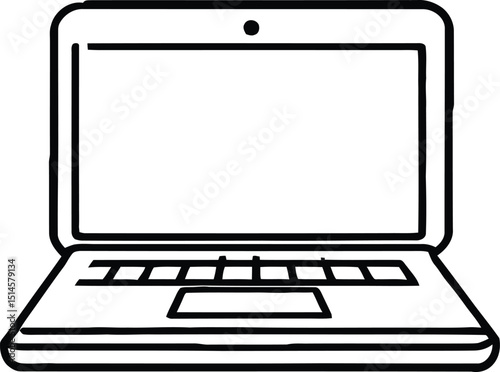 Black and white vector illustration of a simple open laptop, featuring a minimalistic design with a visible keyboard and touchpad, designed in a clean style to symbolize technology, computing, and dig
