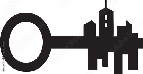 A minimalist silhouette of a key with the teeth shaped like city skyline buildings, symbolizing real estate or urban security services