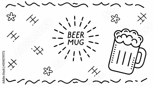 Beer mug menu illustration, minimalist design, black outline on white background