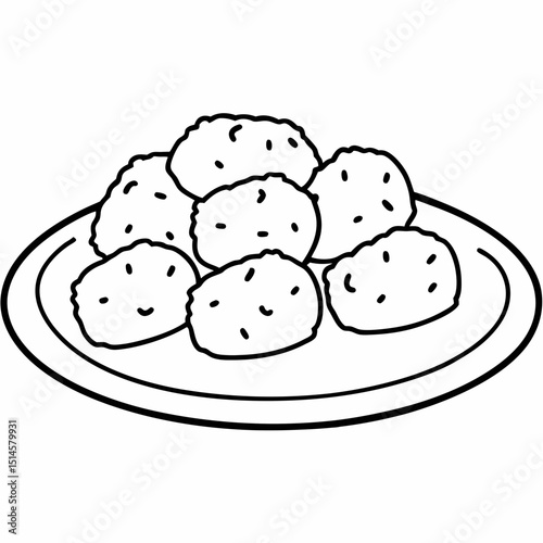 Plate of country-style potatoes illustration, minimalist design, black outline on white background