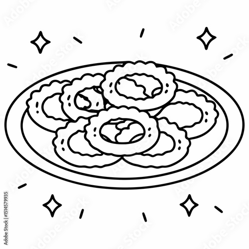 Plate of onion rings illustration, minimalist design, black outline on white background