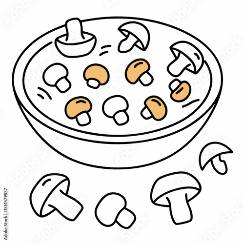 Bowl of mushrooms illustration, minimalist design, black outline on white background