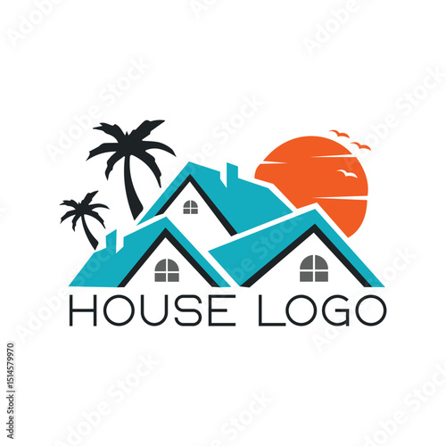 Tropical beach house logo design with palm trees and sunset for real estate company branding