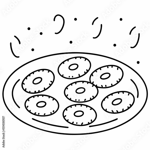 Plate of fried calamari rings illustration, minimalist design, black outline on white background