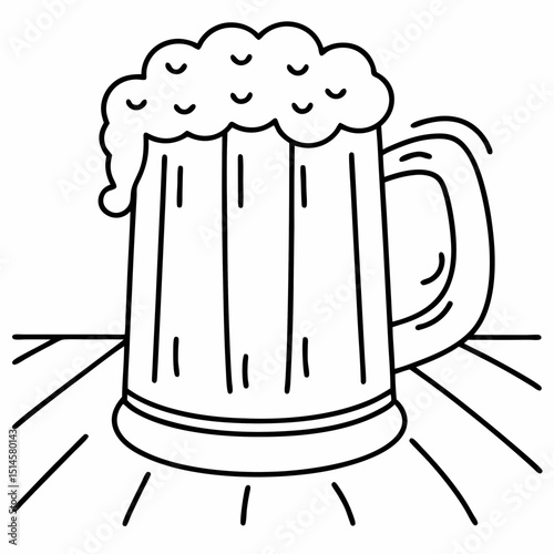 Beer mug illustration, minimalist design, black outline on white background