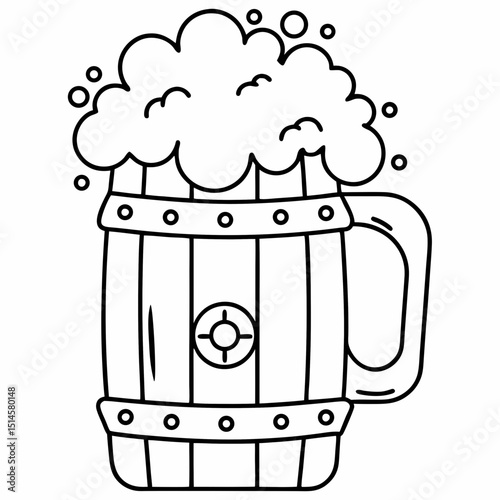Beer barrel mug illustration, minimalist design, black outline on white background