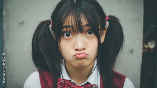 young Japanese Asian schoolgirl with funny face mocking teasing at camera