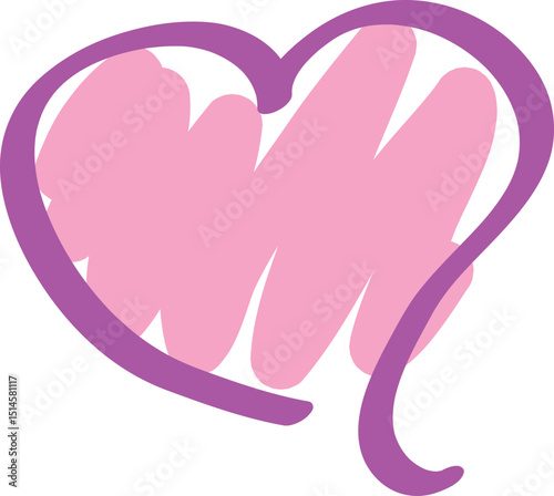 Cute pink simple heart is casually painted pink, curved lines drawn by hand with a brush
