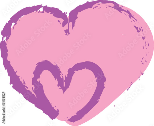 Heart in heart with unfinished brush line of pink color, curved lines drawn by hand with a brush
