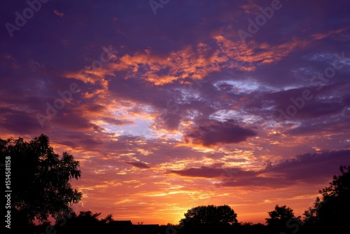 Vibrant sunset paints the sky in hues of orange and purple over a tranquil landscape at dusk