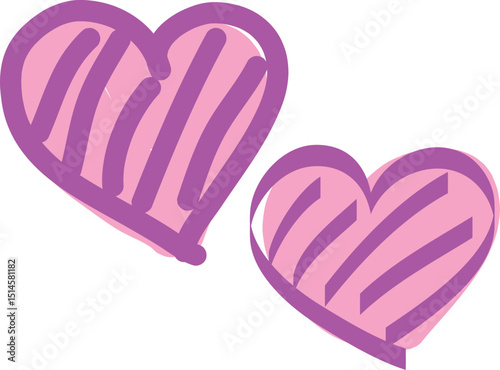 Two cute pink hearts painted with straight lines, curved lines drawn by hand with a brush