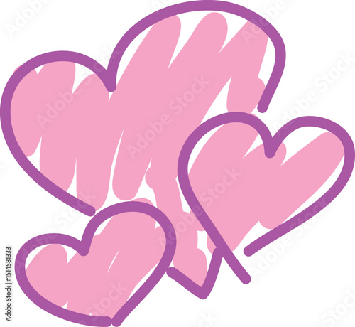 Three hearts of different sizes painted with a pink brush, carelessly drawn, curved lines drawn by hand with a brush