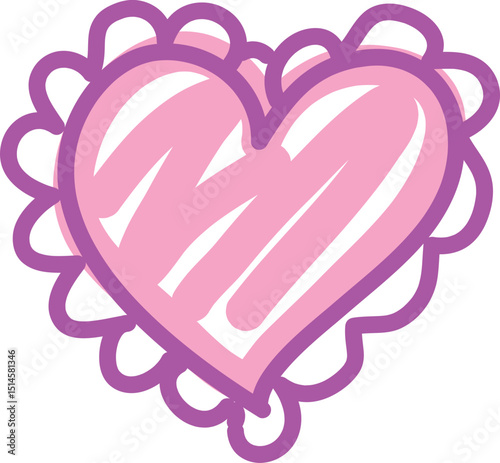 One cute frilly heart, casually painted with a pink brush, curved lines drawn by hand with a brush