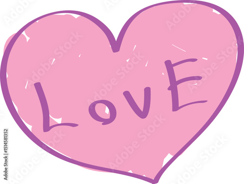 One heart painted with a thick pink brush with the inscription love, curved lines drawn by hand with a brush