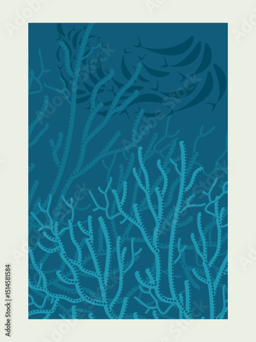 illustration vectorielle fonds marins, abysse, corail et poissons, marin, mer, océan, flore, faune, poster, affiche, élément de base pour illustrer un évènement, couverture, réseaux sociaux, magazine